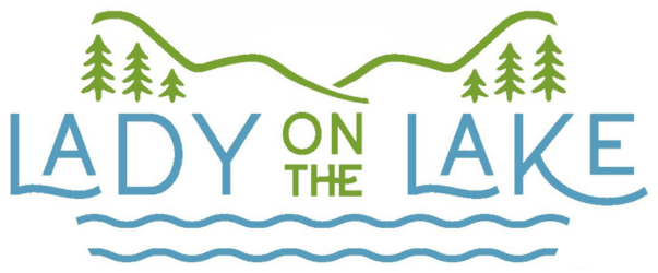 Logo design for "Lady on the Lake" featuring trees, mountains, and water elements.
