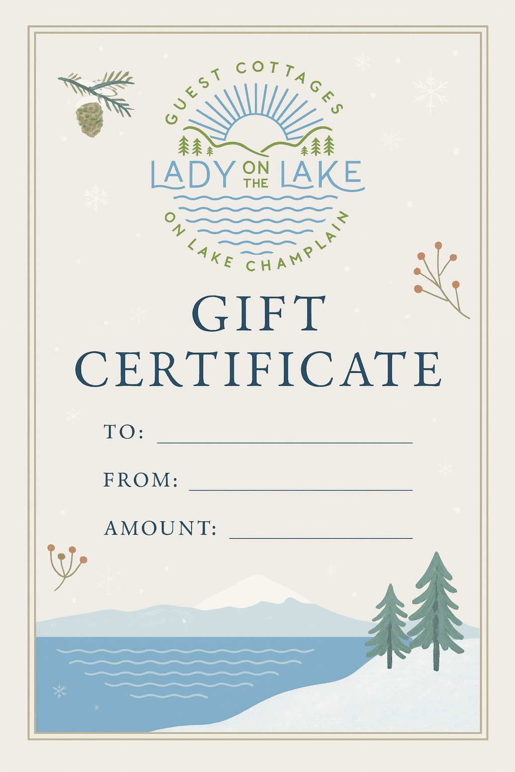 A gift certificate for "Lady on the Lake" guest cottages on Lake Champlain, featuring space for recipient details and amount.