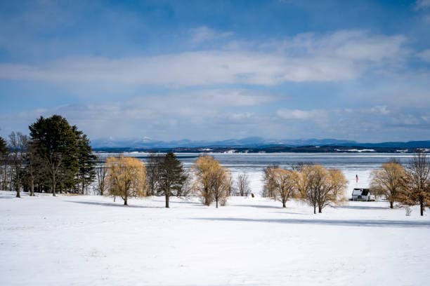 A snowy landscape with trees in the foreground and a frozen lake under a clear blue sky.
