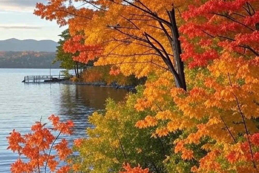 Colorful autumn leaves reflect on a serene lake.