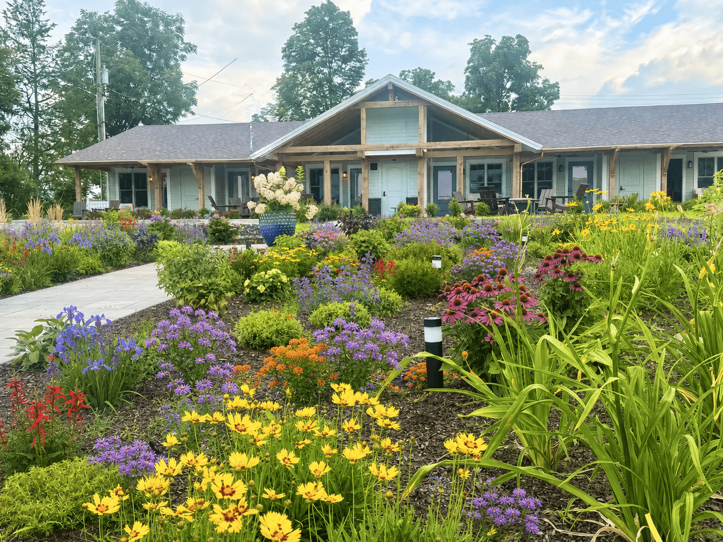 A vibrant garden full of colorful flowers leads up to a modern building with a large front porch.